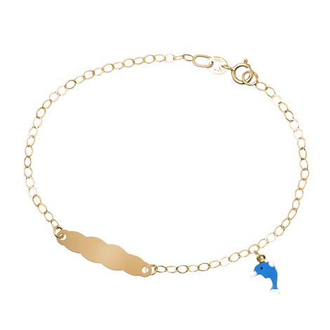 Bracciale bimba con targa e delfino in oro 18kt