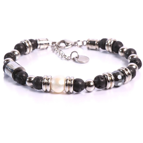 Bracciale uomo a gancio con pietre lavica e perla