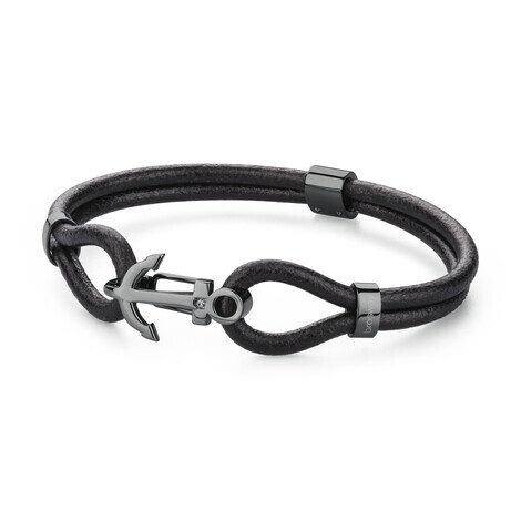 Bracciale uomo in acc., pvd gun, pelle e Swarovski