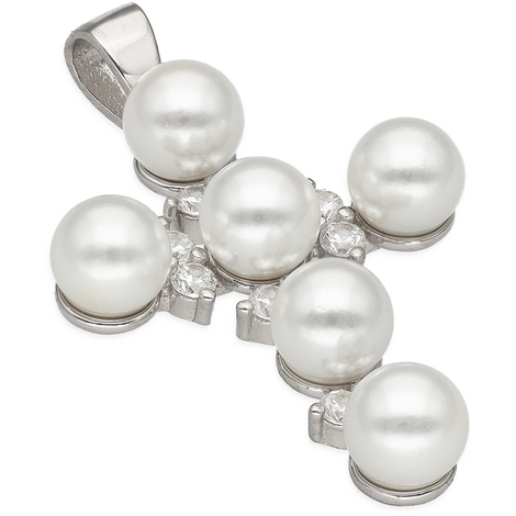 Collana GAVU Donna Argento 925 Con Croce E Perla D'Acqua Dolce 6mm - Ciondolo Religioso Con Zirconia