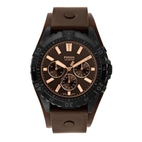 Orologio cronografo in acciaio e pelle marrone