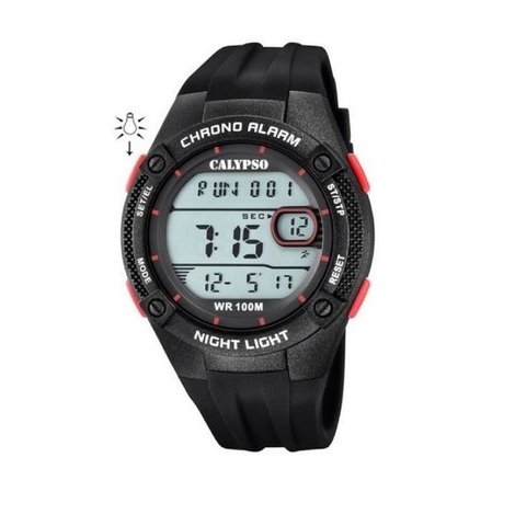 Orologio digitale nero con particolari rossi