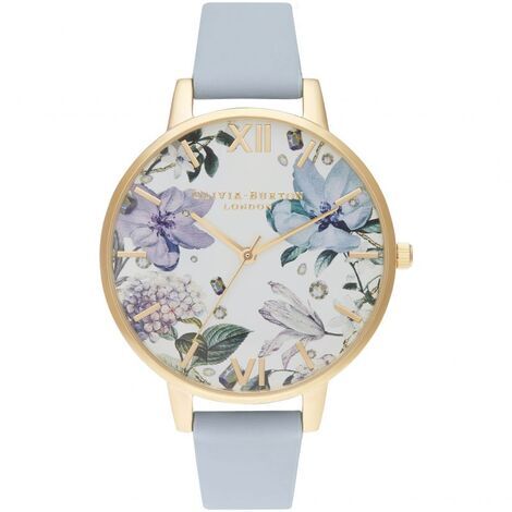 Orologio analogico floreale in acciaio e pelle blu