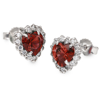 orecchini cuore zircone rubino in oro bianco 9kt